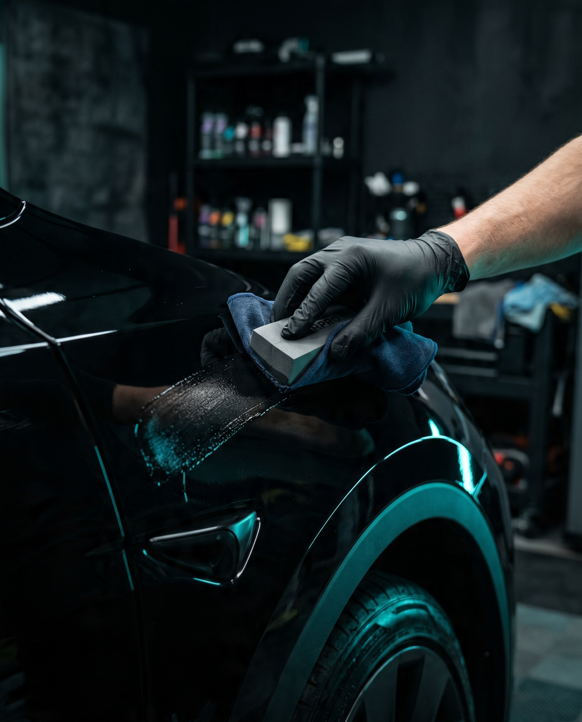 Gloved hand applying ceramic coating