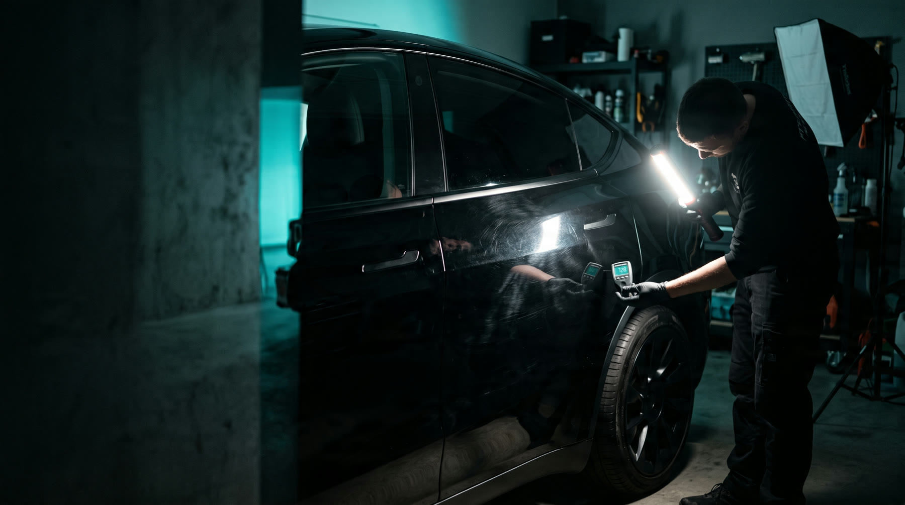 Detailer inspecting paint with an LED swirl-finder light