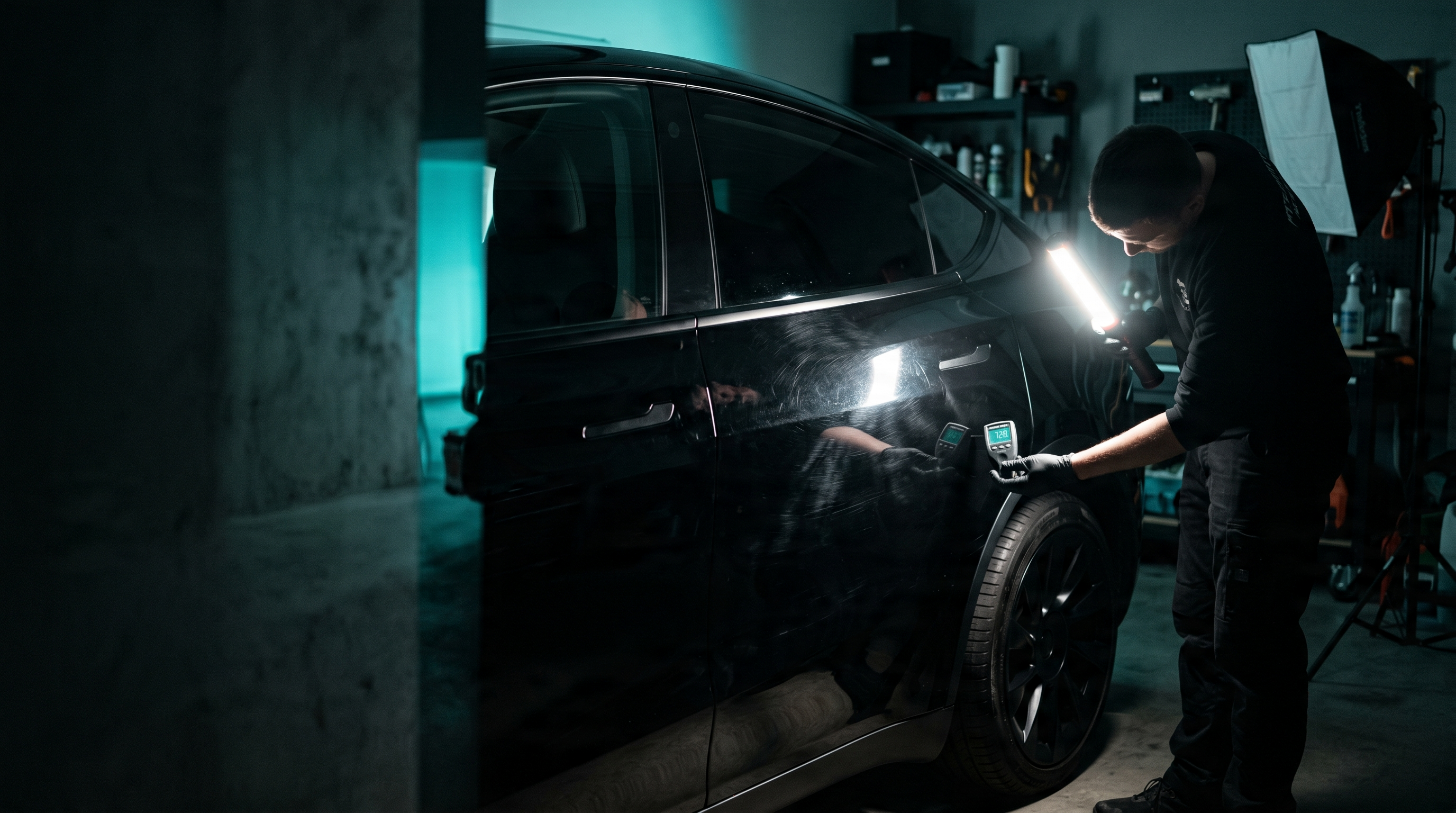 Detailer inspecting paint with an LED swirl-finder light