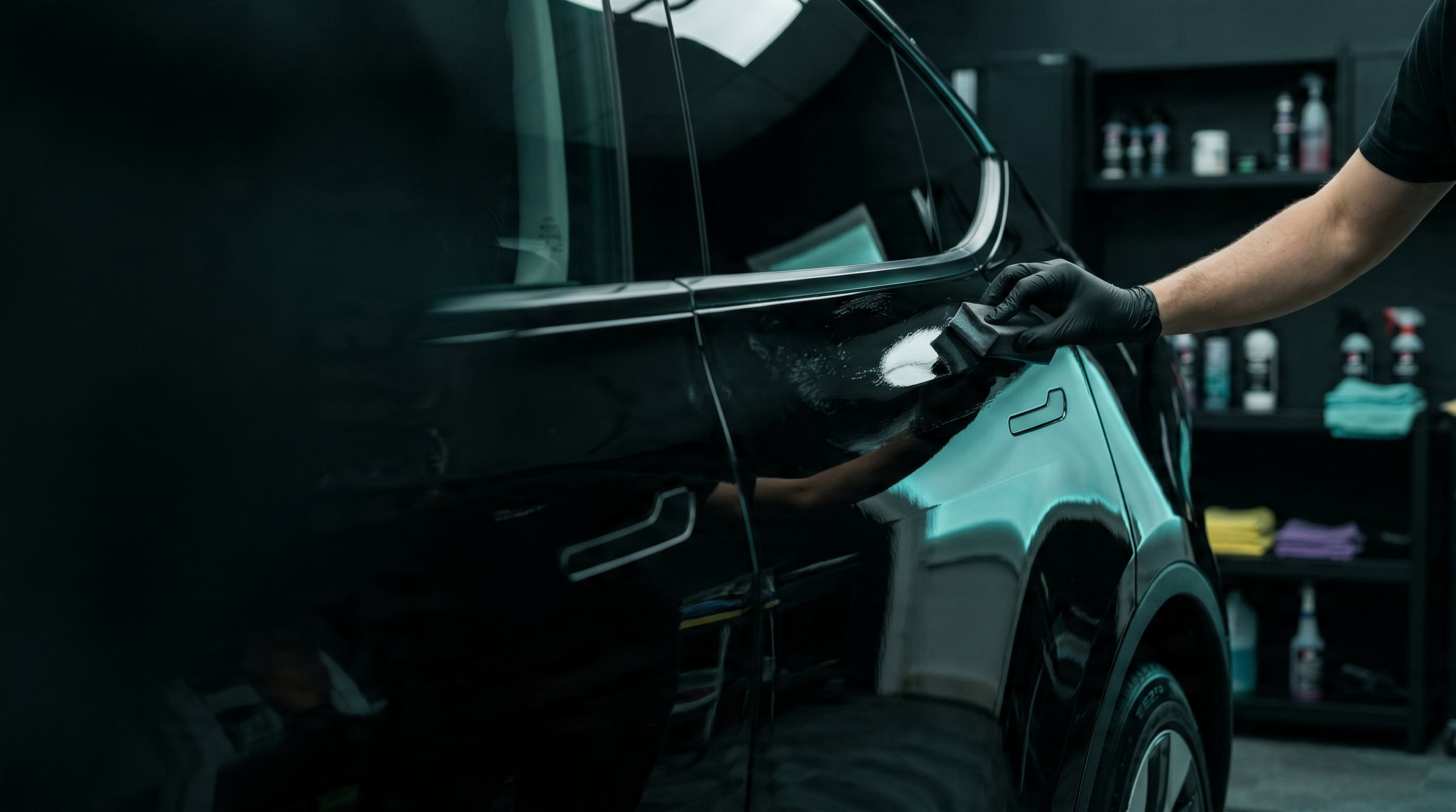 Applying ceramic coating to a black Tesla in a dust-free booth