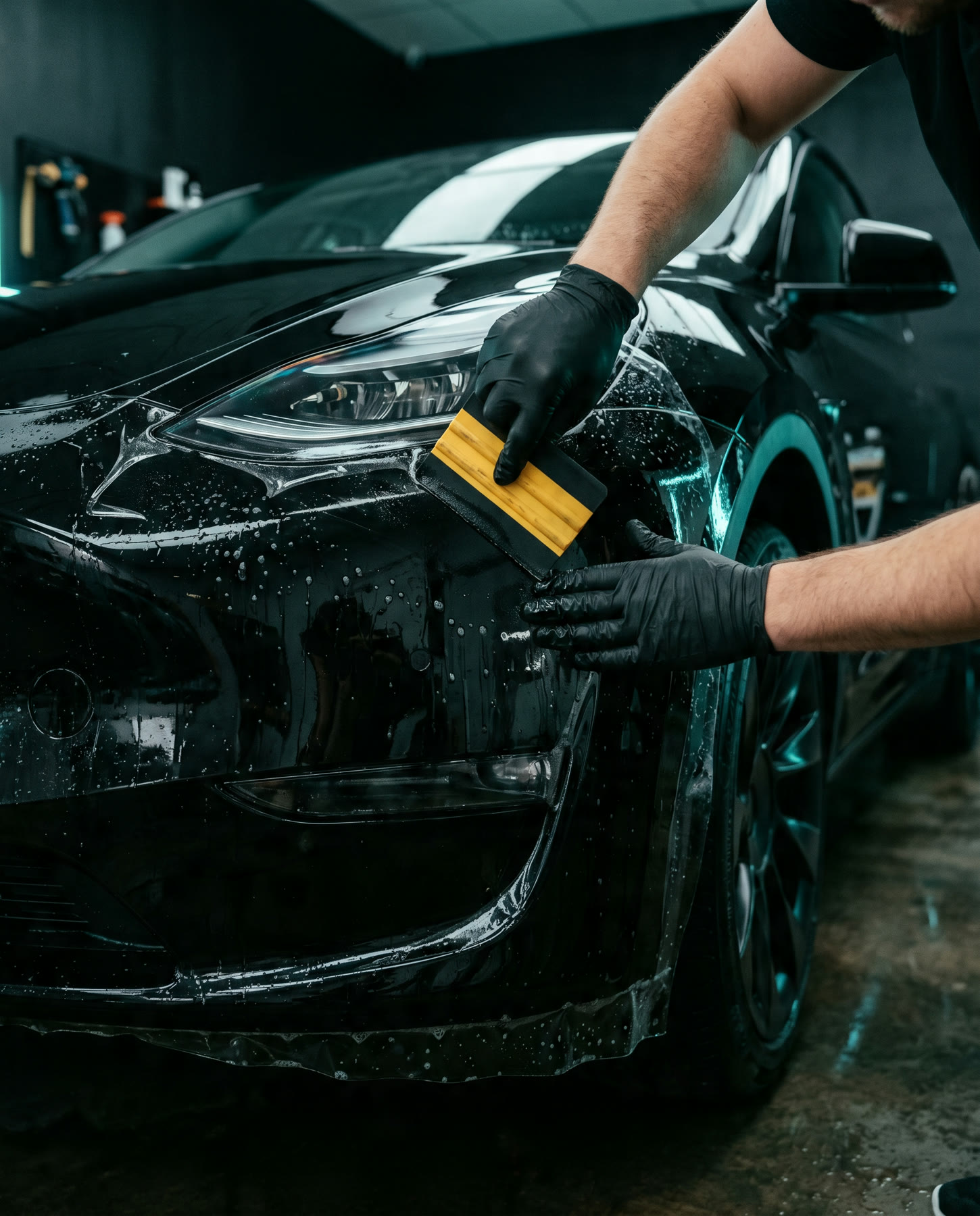 Hands squeegeeing clear paint-protection film