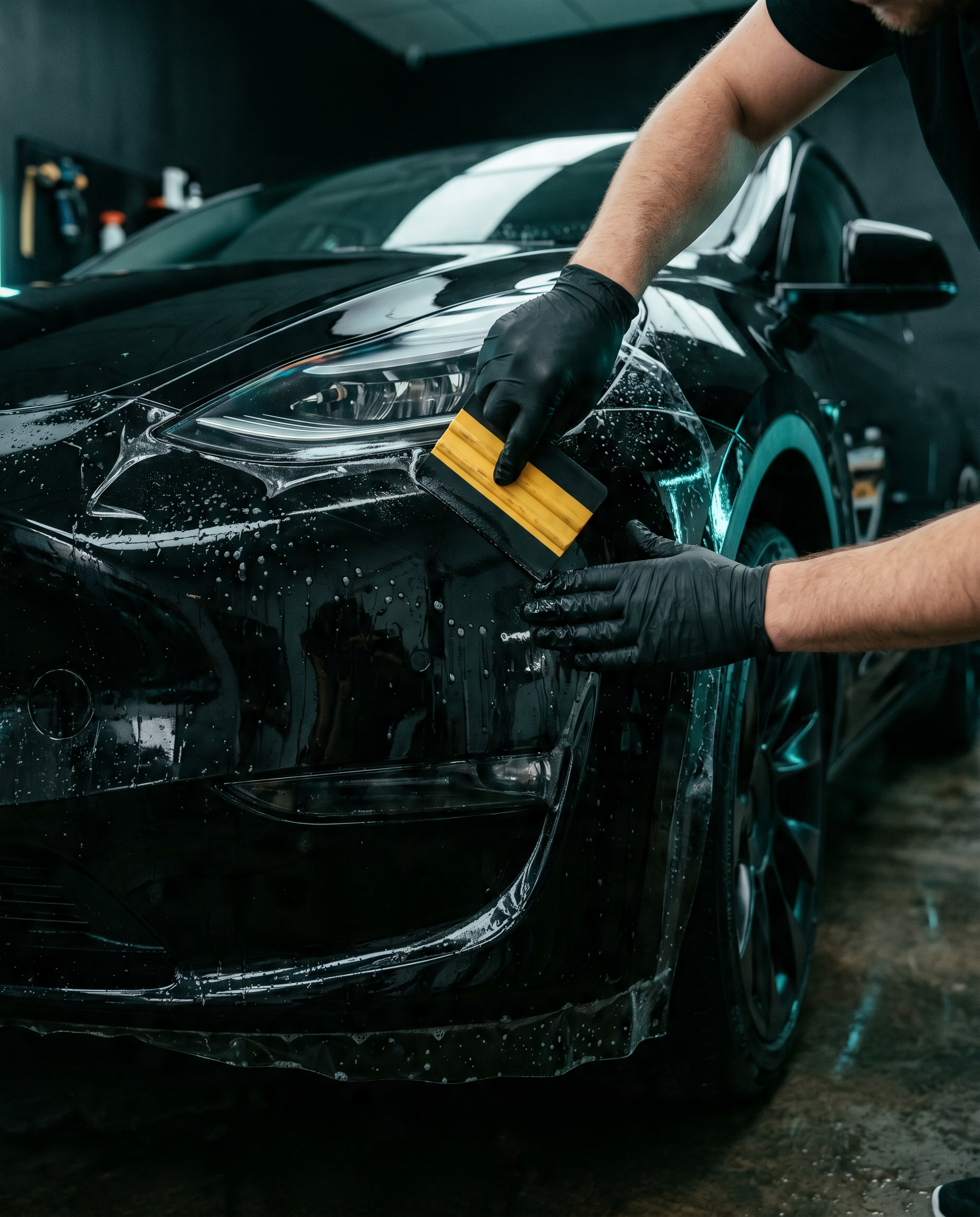 Hands squeegeeing clear paint-protection film
