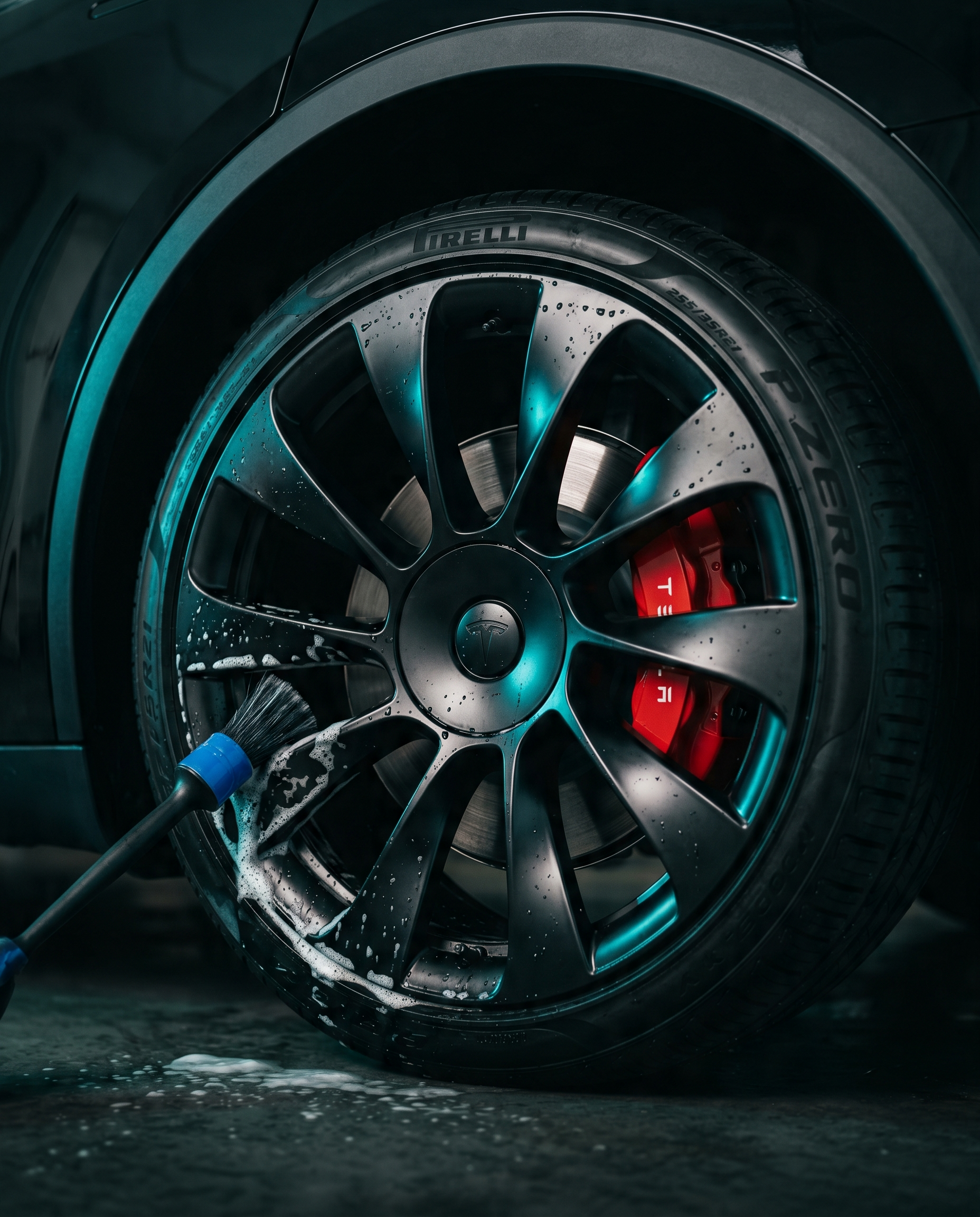 Detailing a black Tesla Model Y alloy wheel